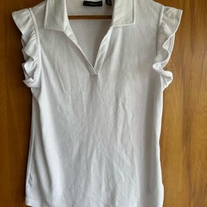 Rafaella White Ruffle Cap-Sleeve Polo Tank